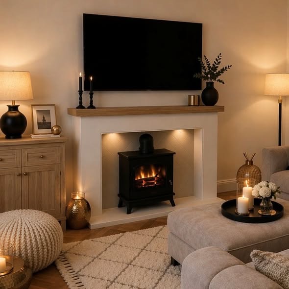 The finished fireplace, mantel and mounted television